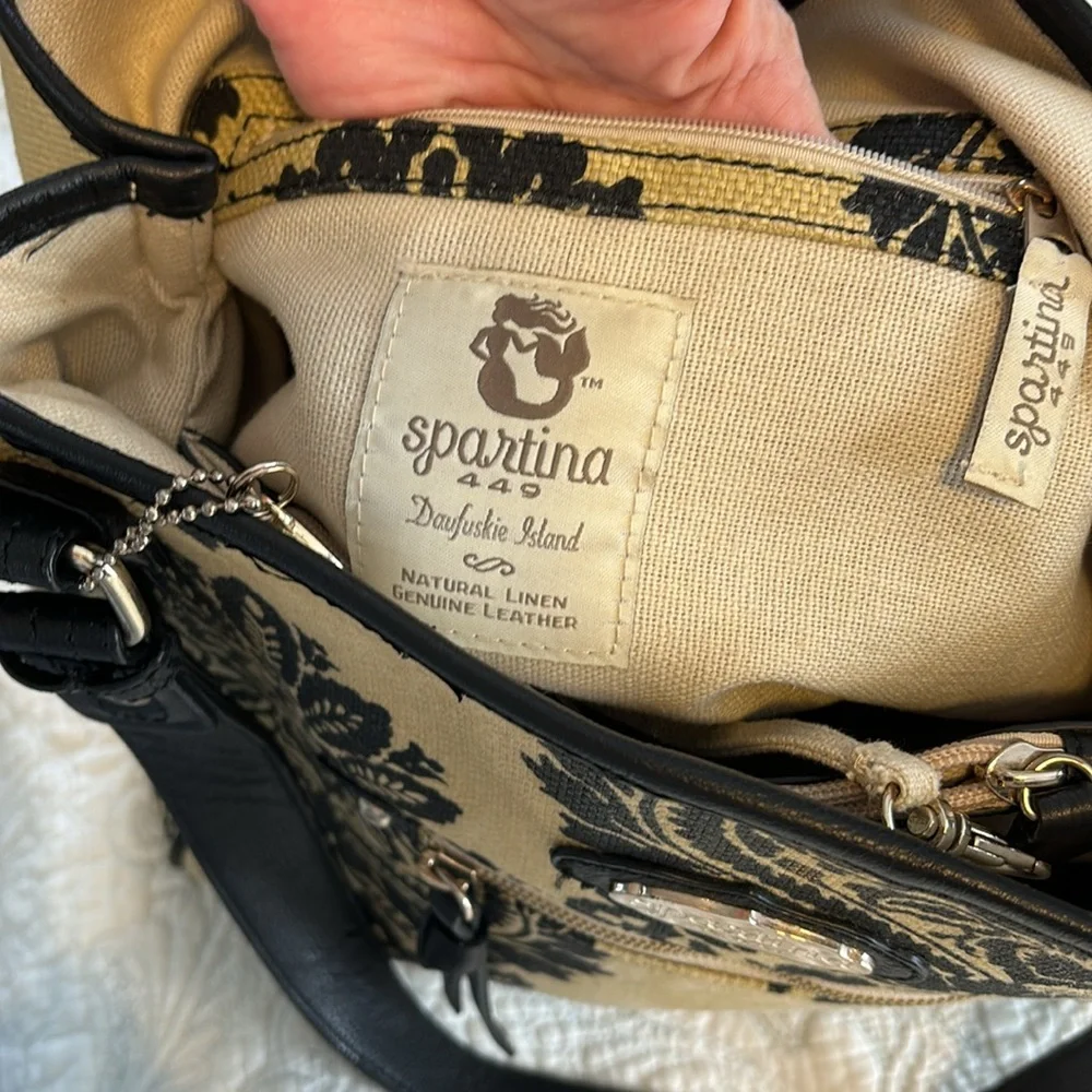 Spartina 449 Tan Linen & Black Leather Shoulder Hobo Bag